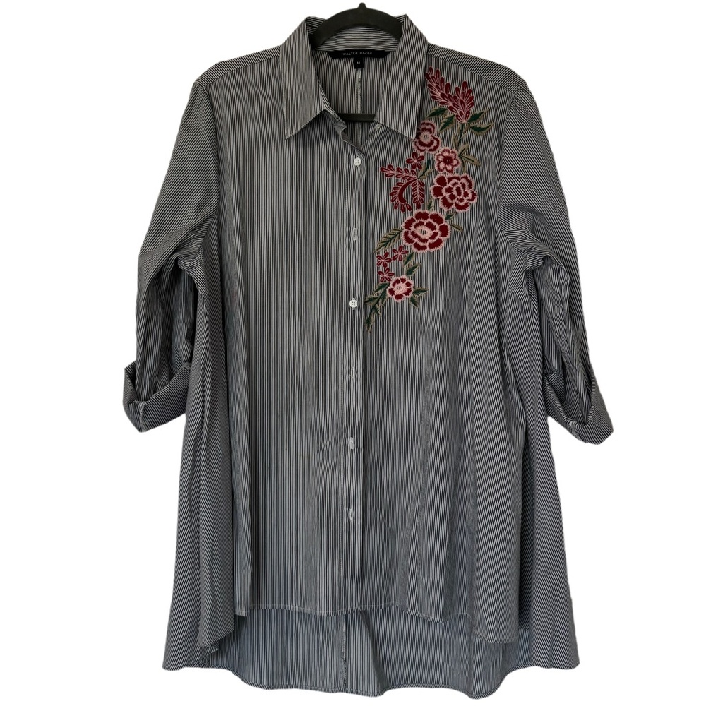 Walter Baker Floral Embroidered Boho Stripe Tent‎ Roll Tab Blouse Size M